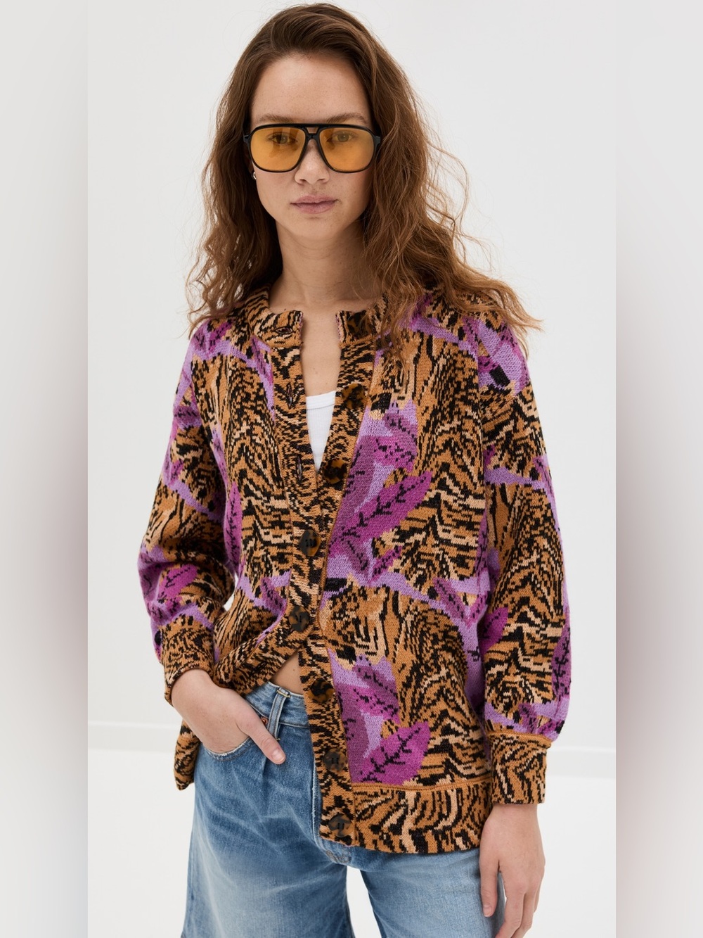 Farm Rio Bold Tiger-Print Cardigan with Purple Floral Accents